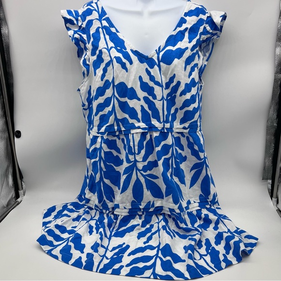 Rachel Zoe Blue Floral on White Dress w/Ruffled Cap Shoulder Linen Blend Size L - Picture 1 of 11